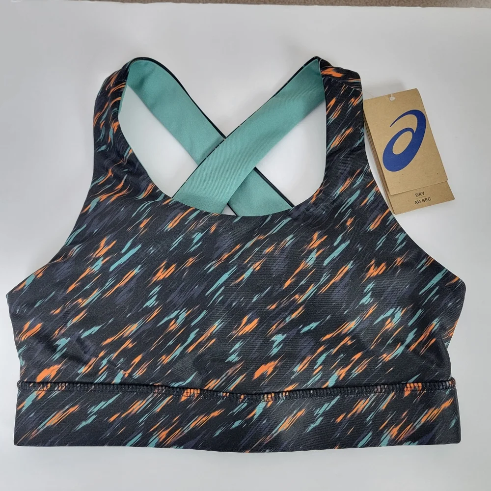 Asics NEW Women's Sz M Black Multi Color PR Lyte Yoga‎ Activewear Sports Bra